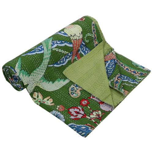 Green Bird Print Handmade Kantha King Quilt