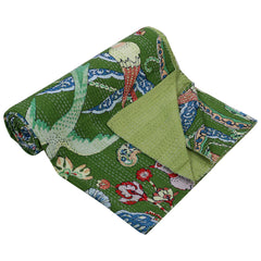 Green Bird Print Handmade Kantha King Quilt