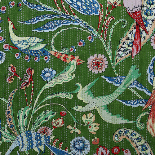 Green Bird Print Handmade Kantha King Quilt