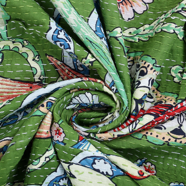 Green Bird Print Handmade Kantha King Quilt