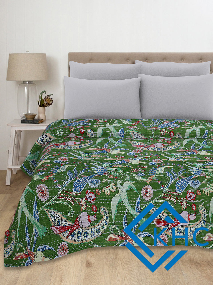 Green Bird Print Handmade Kantha King Quilt
