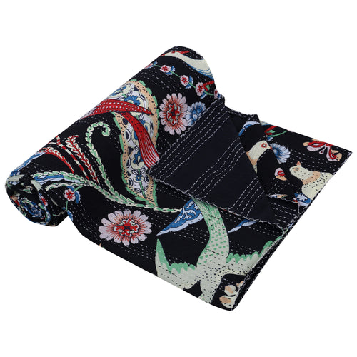 Navy Blue Bird Print Bohemian Quilt Bedding