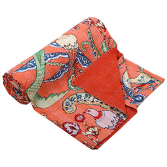 Handmade Light Orange Bird Blcok Printed Kantha Quilt