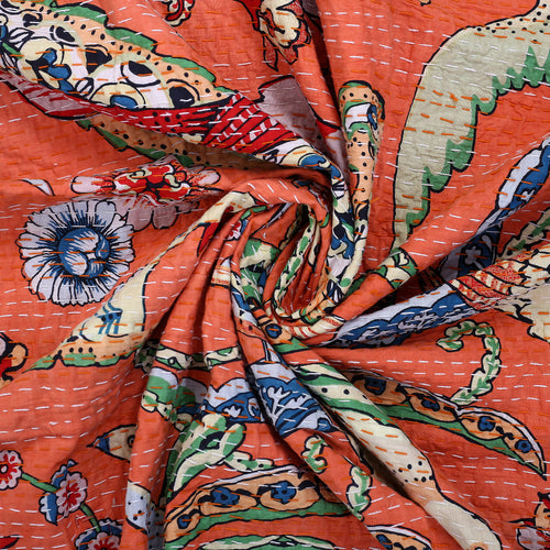 Handmade Light Orange Bird Blcok Printed Kantha Quilt