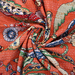 Handmade Light Orange Bird Blcok Printed Kantha Quilt