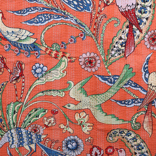 Handmade Light Orange Bird Blcok Printed Kantha Quilt