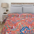 Handmade Light Orange Bird Blcok Printed Kantha Quilt