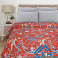 Orange Bird Print Kantha Cotton Bed Cover