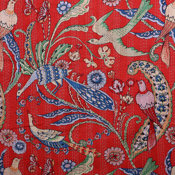 Orange Bird Print Kantha Cotton Bed Cover