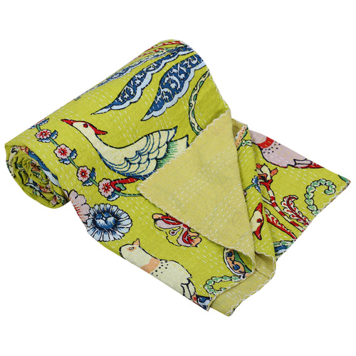 Handblocked Bird Printed Yellow Kantha Bedding Quilt