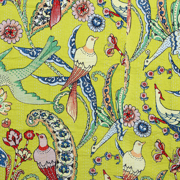 Handblocked Bird Printed Yellow Kantha Bedding Quilt