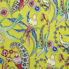 Handblocked Bird Printed Yellow Kantha Bedding Quilt
