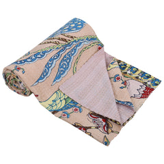 Beige Bird Bedspread Handmade 100% Cotton Quilt
