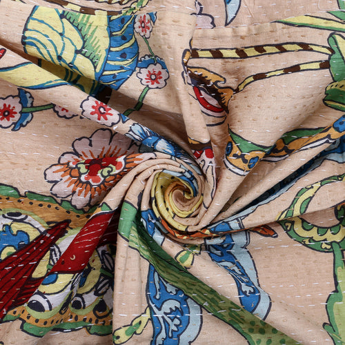 Beige Bird Bedspread Handmade 100% Cotton Quilt