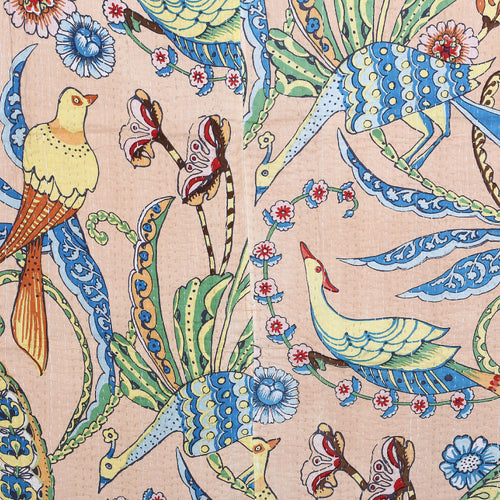 Beige Bird Bedspread Handmade 100% Cotton Quilt