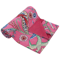Baby Pink Bird Print Indian Vintage Kantha Quilt Throw
