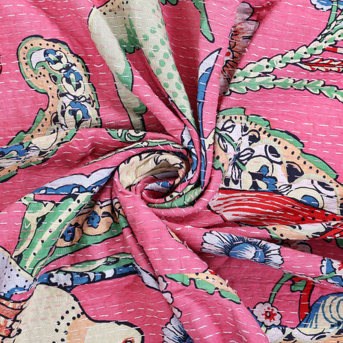 Baby Pink Bird Print Indian Vintage Kantha Quilt Throw
