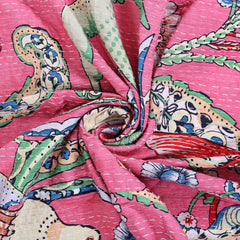 Baby Pink Bird Print Indian Vintage Kantha Quilt Throw