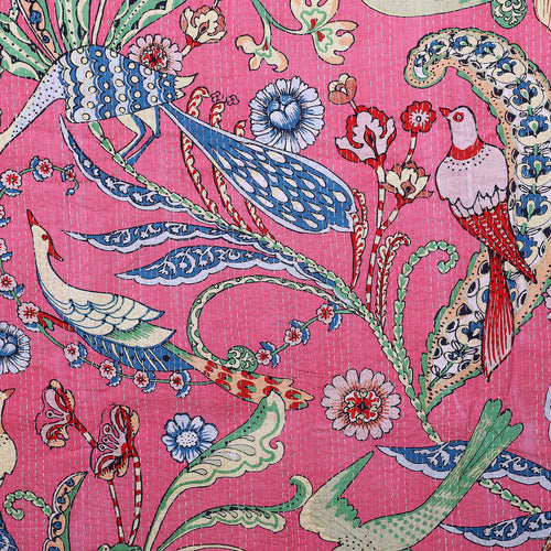 Baby Pink Bird Print Indian Vintage Kantha Quilt Throw