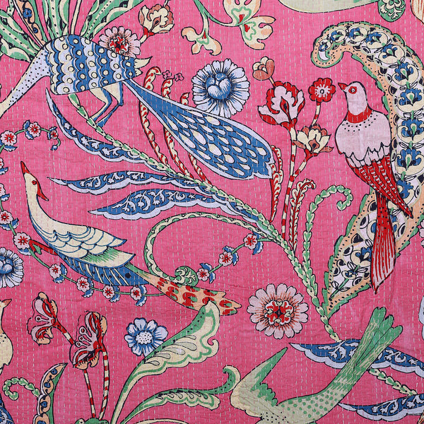 Baby Pink Bird Print Indian Vintage Kantha Quilt Throw