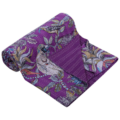 Purple Vintage Kantha Boho Monkey Print Cotton Quilt