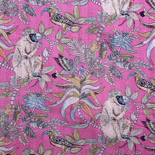 Monkey Print Pink Cotton Handmade Throw Blanket
