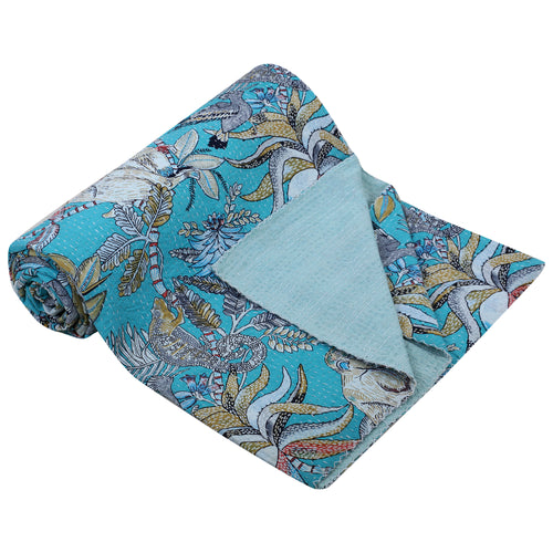 Beautiful Turquoise color Monkey print kantha Quilt Throw