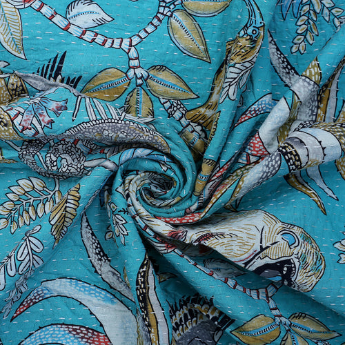 Beautiful Turquoise color Monkey print kantha Quilt Throw