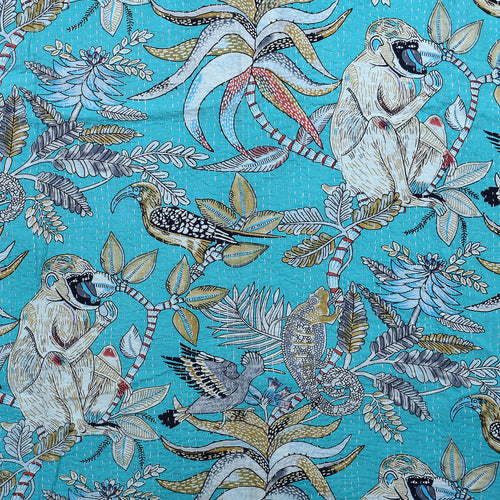 Beautiful Turquoise color Monkey print kantha Quilt Throw