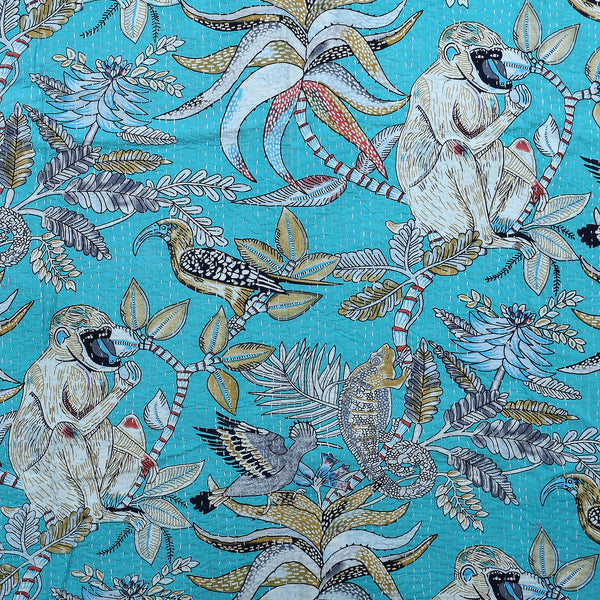 Beautiful Turquoise color Monkey print kantha Quilt Throw