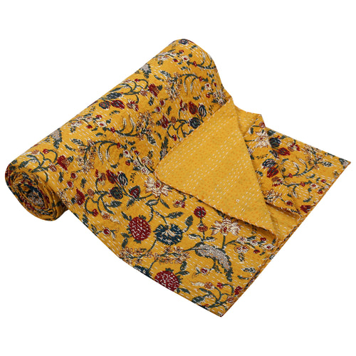 Yellow Floral Vintage Fabric Quilt Throw Bedsheet