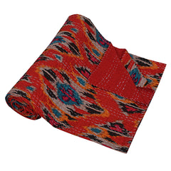 Red Ekat Print Kantha Vintage Boho Throw Blanket