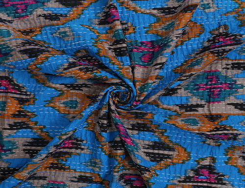 Ikat Print Blue Pure Cotton Quilt Bedspread