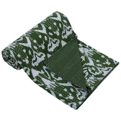 100% Cotton Kantha Green Quilt Ikat Print