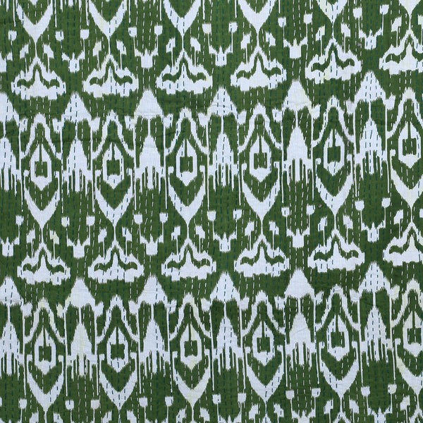 100% Cotton Kantha Green Quilt Ikat Print