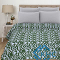 100% Cotton Kantha Green Quilt Ikat Print