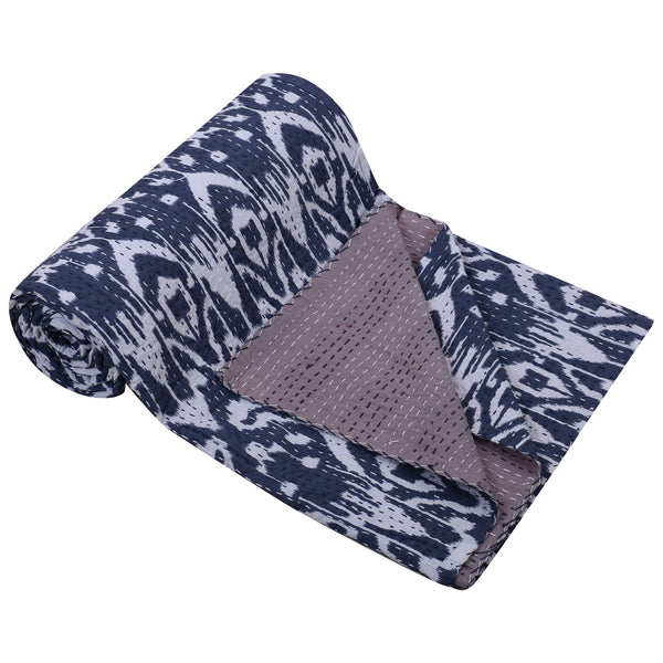 Blue Handmade Cotton Quilt Ikat Print Bedsheet