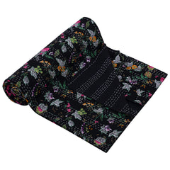 Black Floral Paradise Kantha Bedding Throw Quilt