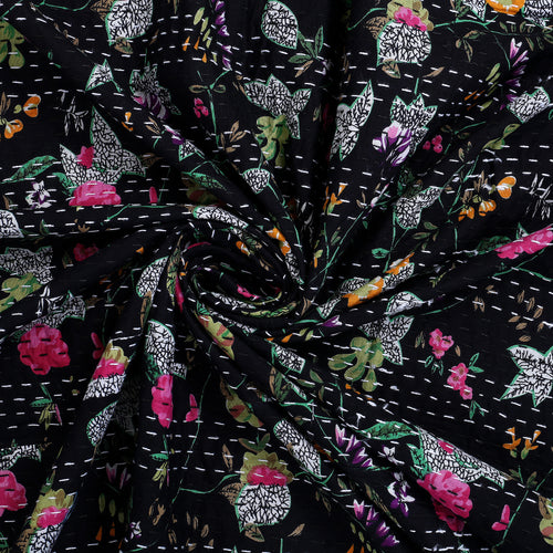 Indian Handmade Kantha Floral Black Quilt