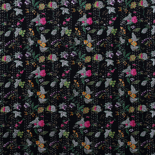 Black Floral Paradise Kantha Bedding Throw Quilt