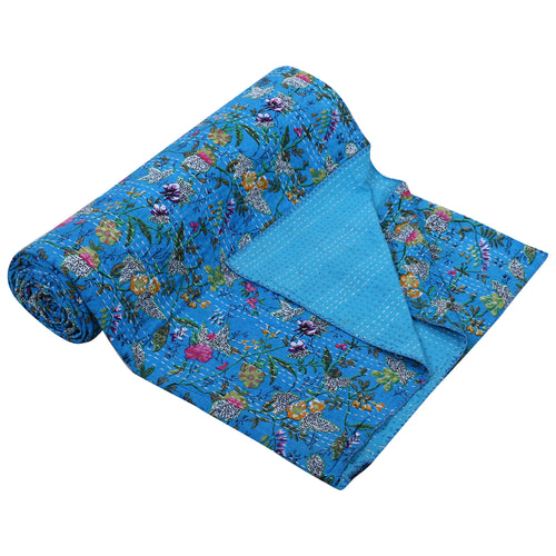Blue Handmade Cotton Floral Quilt King Size
