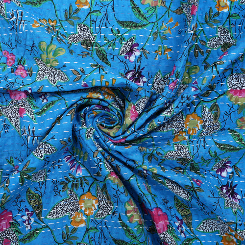 Blue Handmade Cotton Floral Quilt King Size