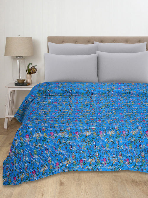 Blue Handmade Cotton Floral Quilt King Size
