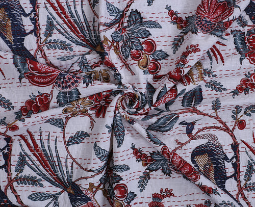 Bohemian Vintage White Bird Quilt Kantha Handmade Quilt