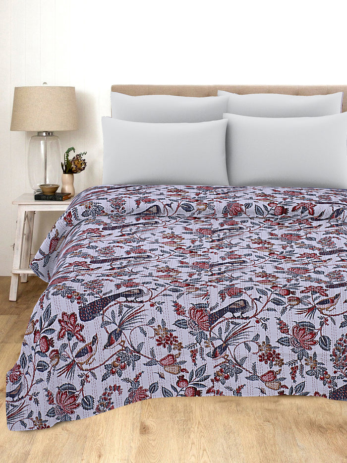 Bohemian Vintage White Bird Quilt Kantha Handmade Quilt
