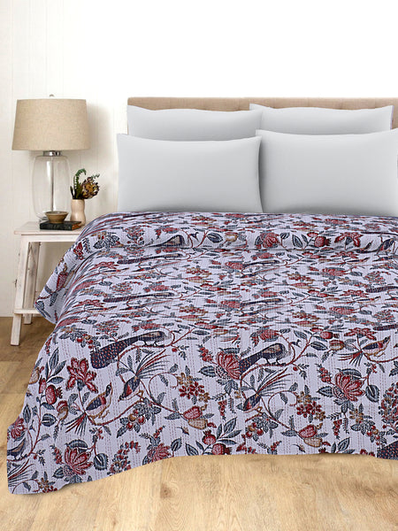 Bohemian Vintage White Bird Quilt Kantha Handmade Quilt