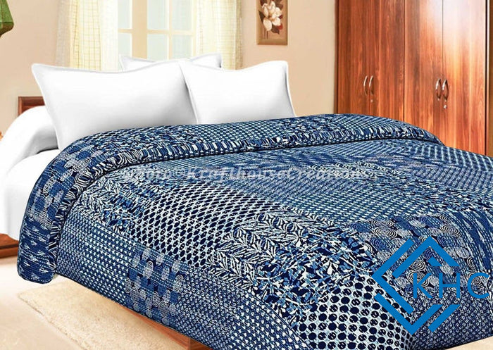 Indian Handmade Blue Indigo Vintage Kantha Queen Size Quilt