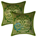 Indian Decorative Brocade Green And Gold Throw Pillow Covers 2 Pcs 16x16 Inch