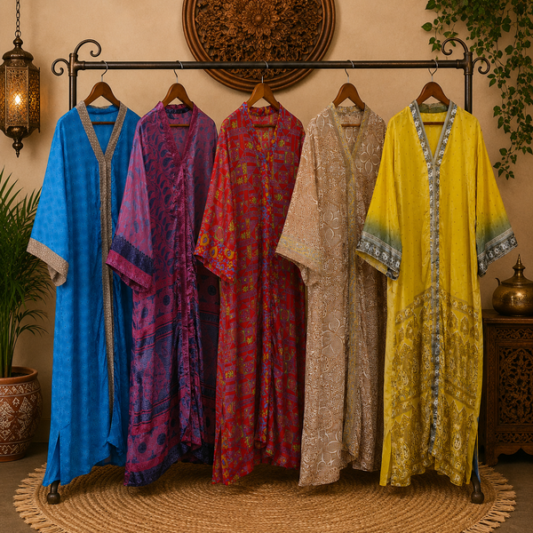 5 Pcs Vintage Silk Kimono Robe Wholesale Lot, Recycled Sari Long Robes, Colorful Boho Kaftan Jacket, Assorted Indian Kimono Cover Up