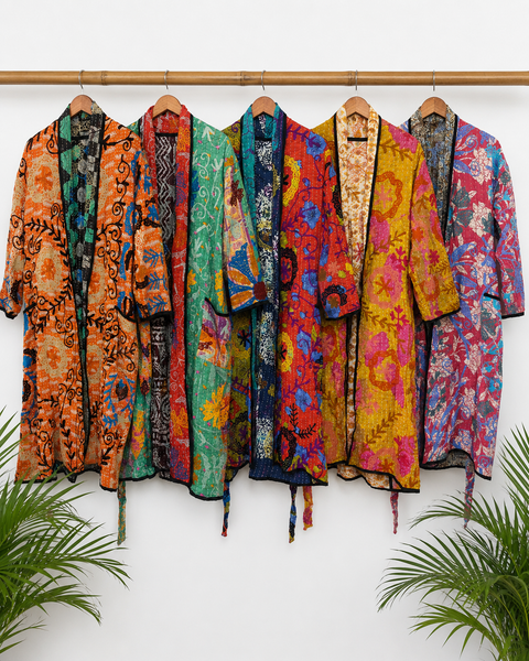 Vintage Kantha Kimono Robe 5 Pcs, Handmade Patchwork Cotton Jacket, Colorful Boho Long Robe, Recycled Sari Kantha Coat, Women’s Festival Wear